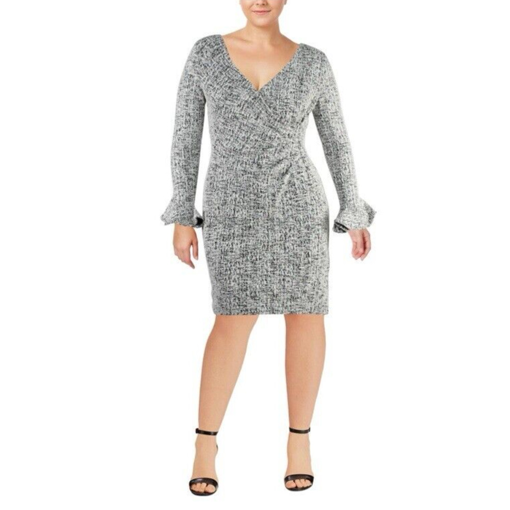 Lauren Ralph Lauren Tweed Faux Wrap Sheath Dress Bell Sleeve Black White 12